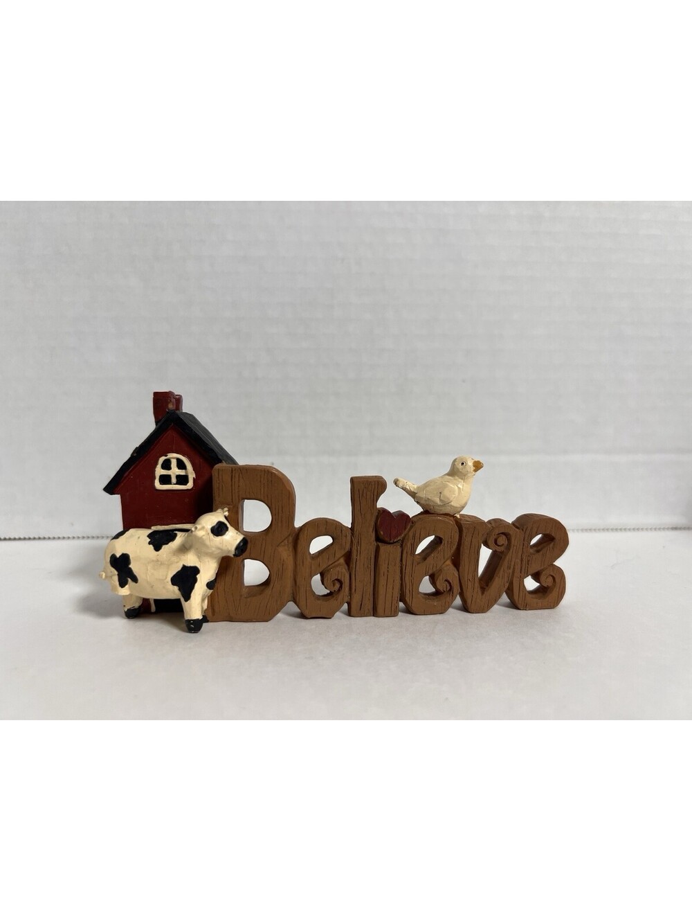 Rustic Farmhouse "Believe" Cow Bird Cottage Resin Shelf Sitter Figurine 5.5"